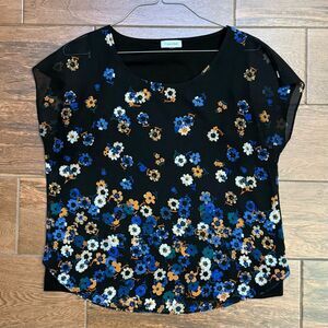 CALVIN KLEIN Women's Chiffon Floral Print Short Sleeve Top  Sz L *READ*